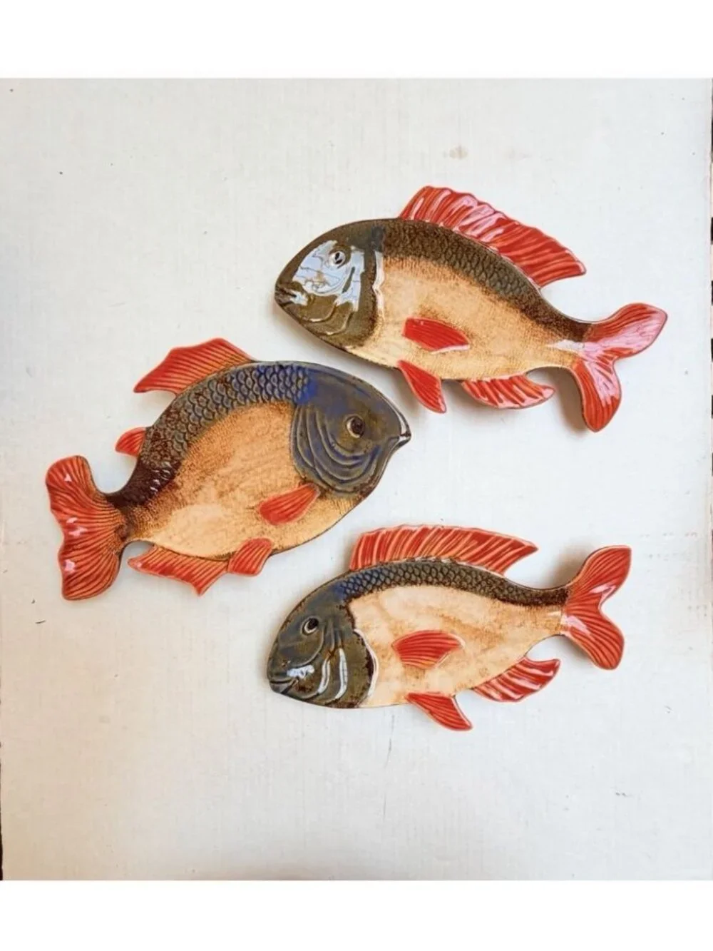 Pier 1 Imports Fish Ceramic Decorative 3 Serving Dishes Red Fin Beach Coastal